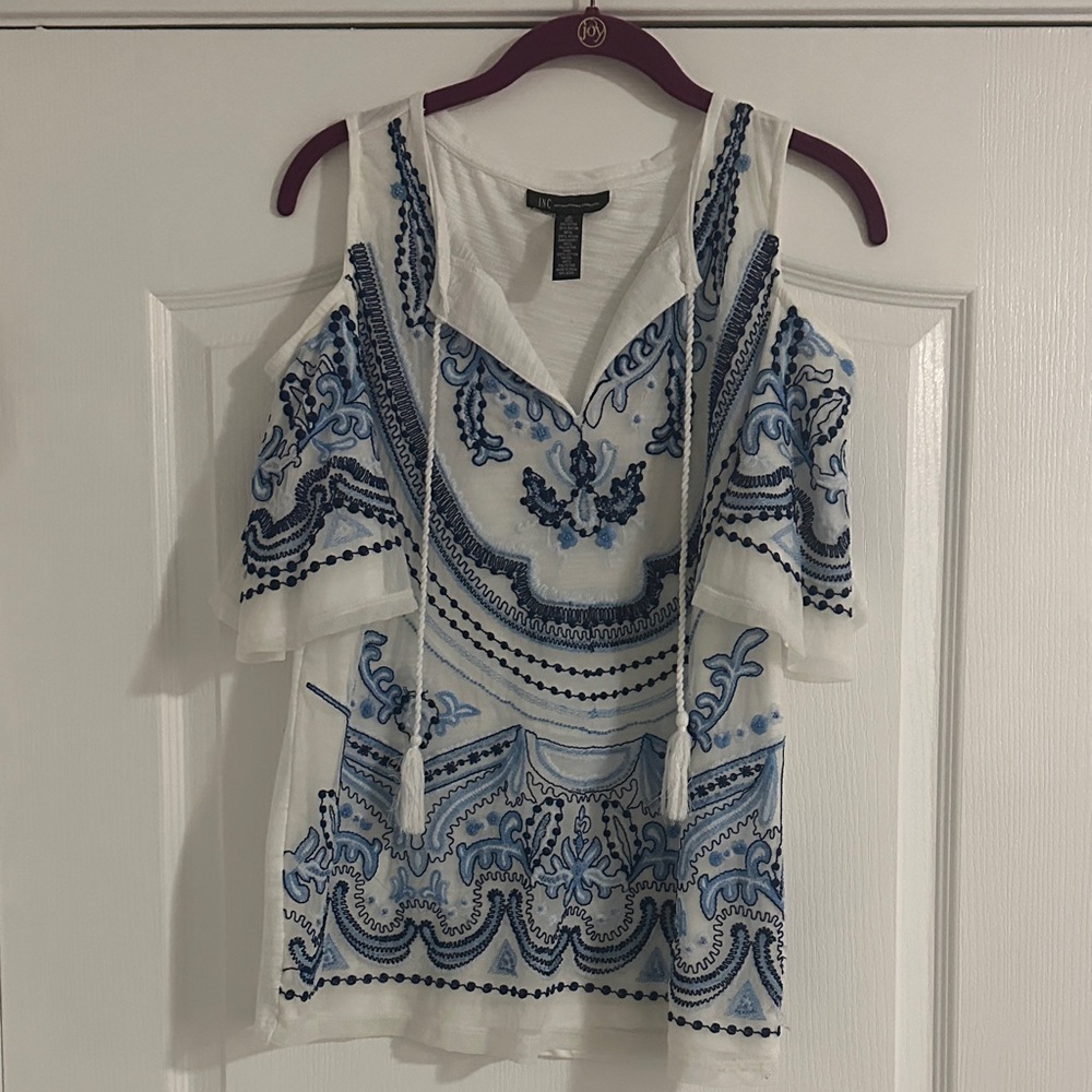 INC International Concepts White and Blue Cold Shoulder Blouse